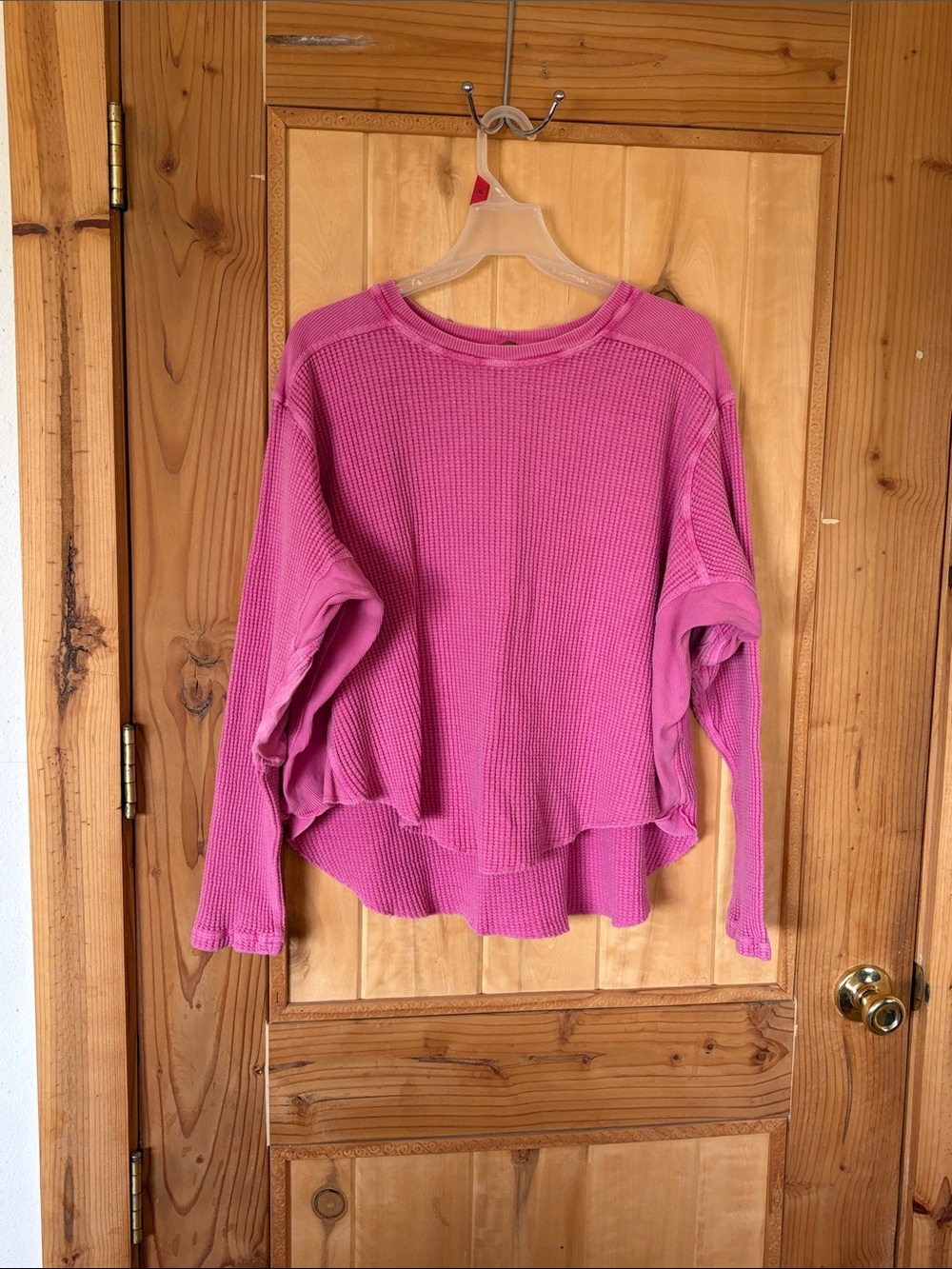 Free People One Pink Relaxed Waffle-Knit Long Sleeve Top